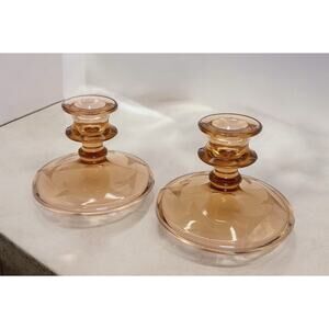Pink Depression Glass Etched Base Candle Holders Set of Two 3.5 inch Tall 1940s
